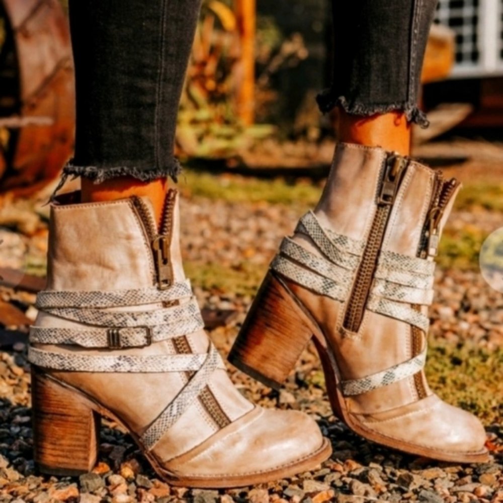 Freebird by Steven Tan Distressed Leather Strappy Heeled Ankle Boots